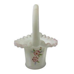 Fenton Basket White Satin Glass Hand Painted Roses Pink Ruffed Edge Vintage 1990